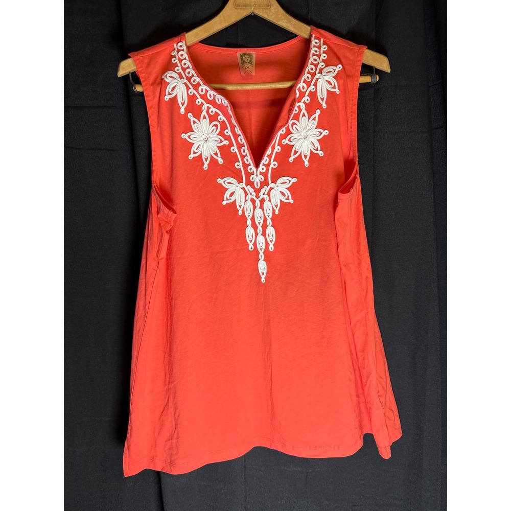 Anne Klein XXL Coral Orange Embroidered Split Neck Sleeveless Knit Tank Top